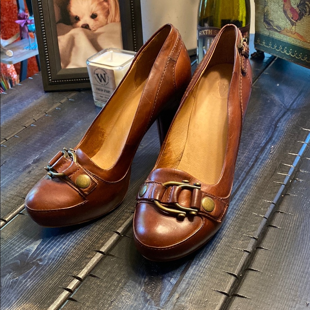Frye Brown Leather Heels with Loafer Style and Buckle Detail